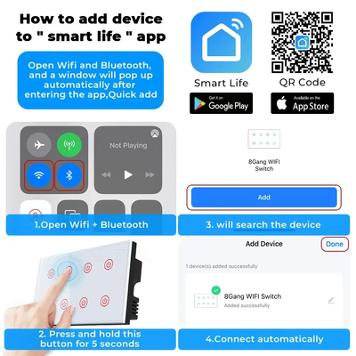 گلومارکت خانه هوشمند 8 گانگ سوئیچ دیواری استاندارد ایالات متحده APP صدای تویا کنترل از راه دور بی سیم سوئیچ دیوار لمس نور